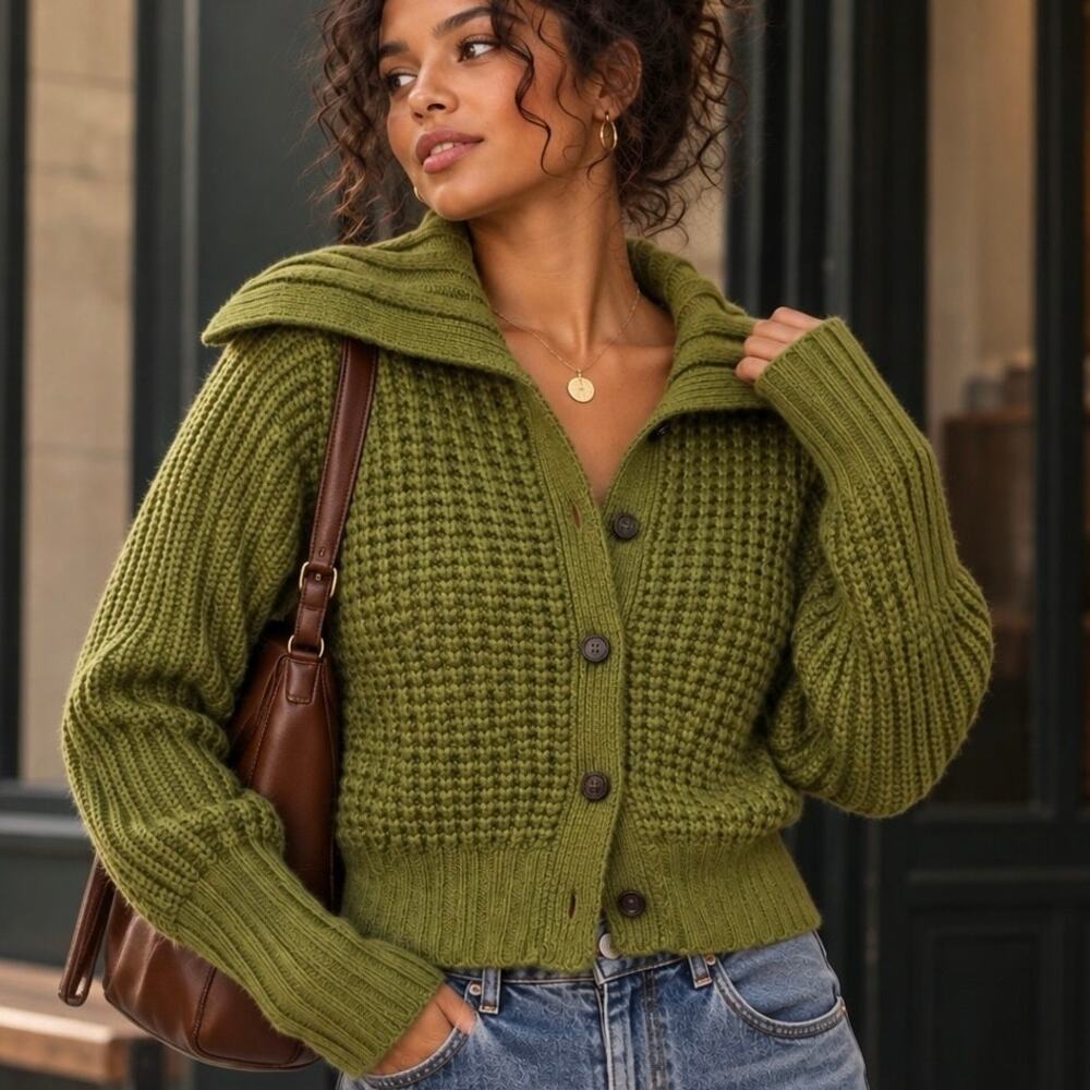 Banana Republic Olive Green Button Down Merino Wool Waffle Knit Sweater Size XS
